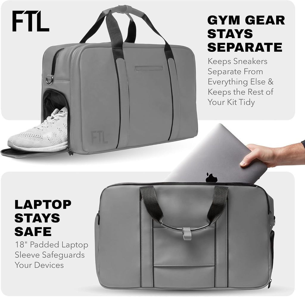 The FTL Pro Mens Travel Bag - 30L Premium Work to Gym Weekender Duffel with Garment Bag, Shoe Space & 18' Laptop Sleeve - Organized Athletic Business Carry On Hybrid, Fits Under Airplane Seat - Grey