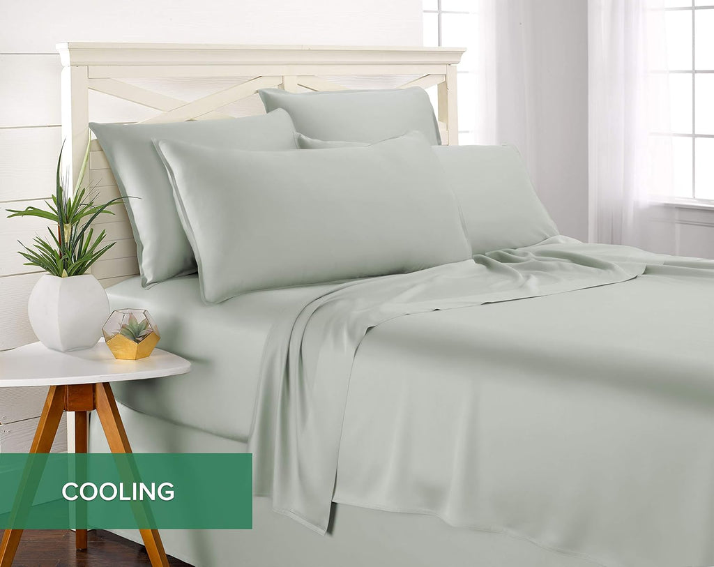Pure Bamboo Split King Sheets, Genuine 100% Organic Viscose Derived from Bamboo Bed Sheet Set, Soft & Cooling, Double Stitching, 2 Fitted Sheets (Split King, Sea Glass)