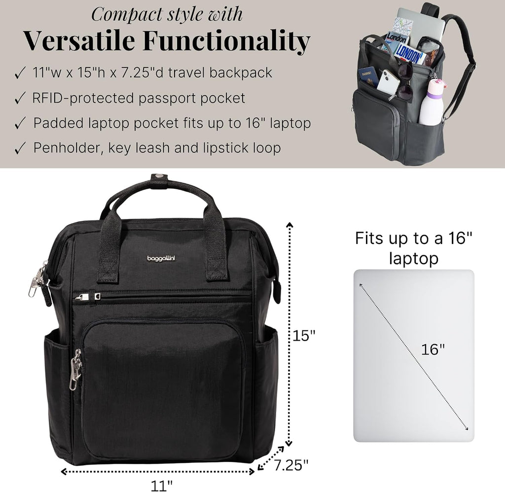Baggallini Securtex Anti-Theft Windsor Backpack for Travel, Work & College, RFID & Locking Zipper, Up to 16' Laptop