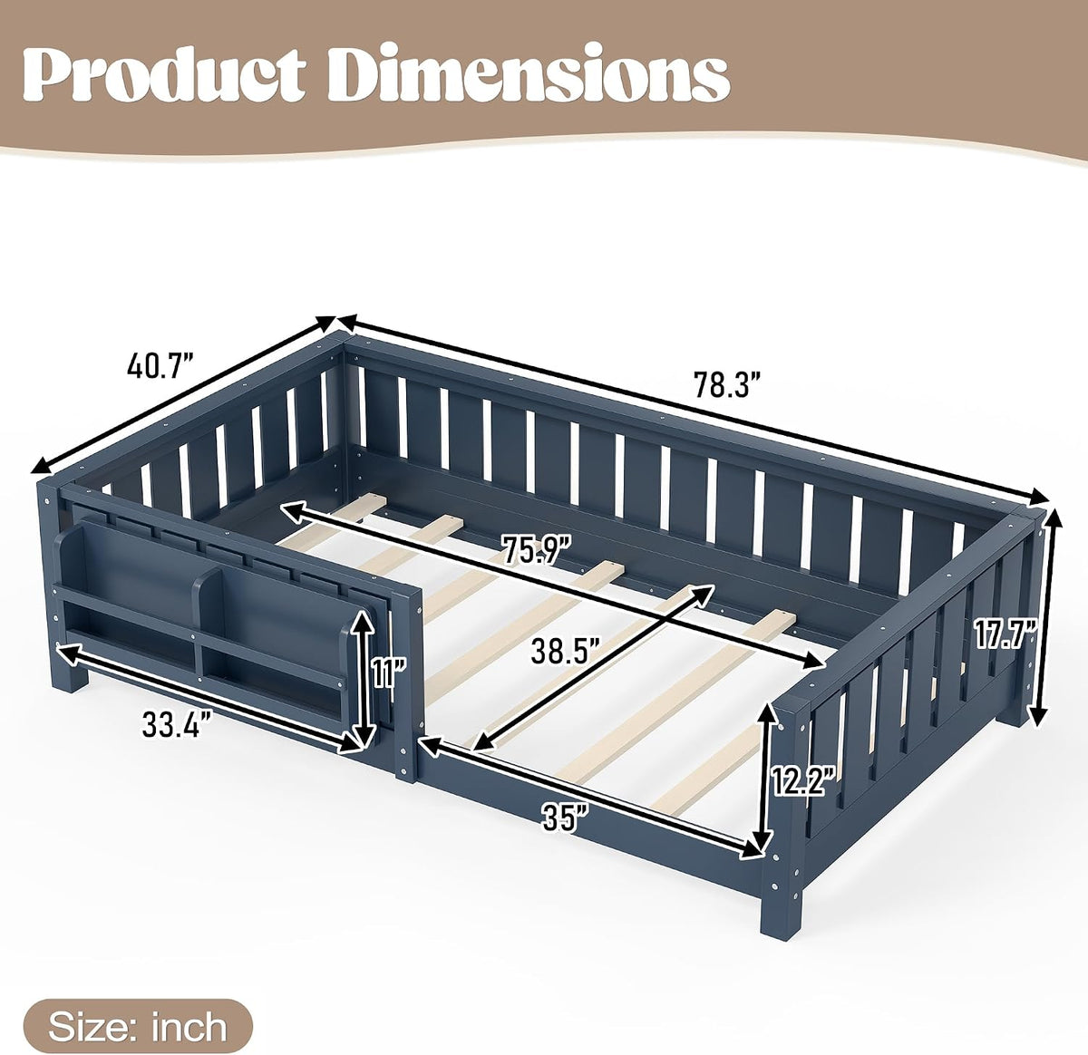 Bellemave Twin Floor Bed with Rails and Slats, Twin Size Montessori Floor Bed with Bookshelf and Fence, Easy Assemble Montessori Beds Frame for Girls, Boys, Blue