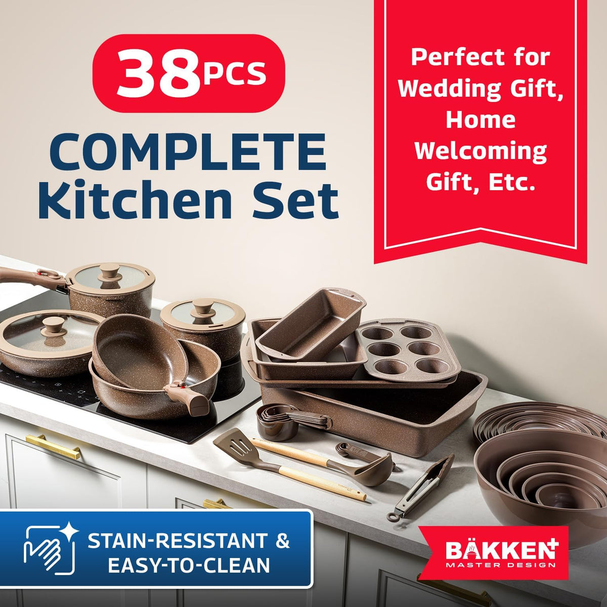 Bakken Master 38 Piece Granite Cookware and Bakeware Set – Nonstick Granite Coating, Pots and Pans with Detachable Handles and Tempered Glass Lids, 6-piece Bakeware set, 12-piece Mixing Bowls,Brown