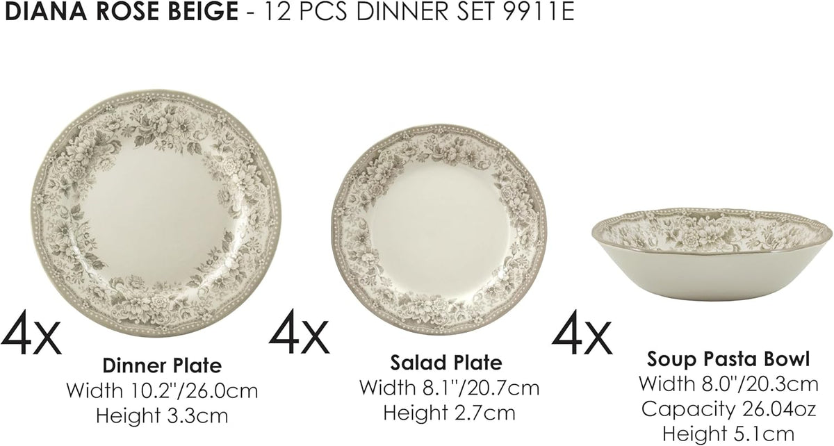 TUDOR ROYAL 12-Piece Porcelain Round Dinnerware Set, Service for 4, DIANA ROSE BEIGE Design, Blue Floral, Plates Bowls Dishes, Premium Quality Tableware, Unique Pattern, Glossy