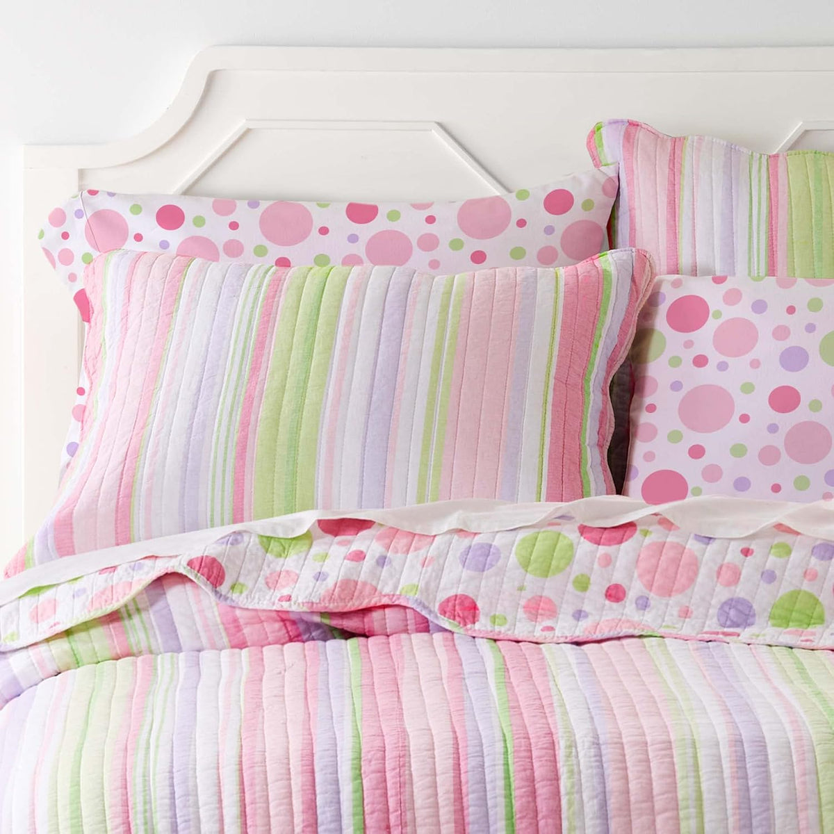 Levtex Home - Merrill Quilt Set - Full/Queen Quilt and Two Standard Shams - Striped - Pink, Green, and Purple - Quilt (86x86in.) and Shams (20x26in.) - Reversible - Cotton