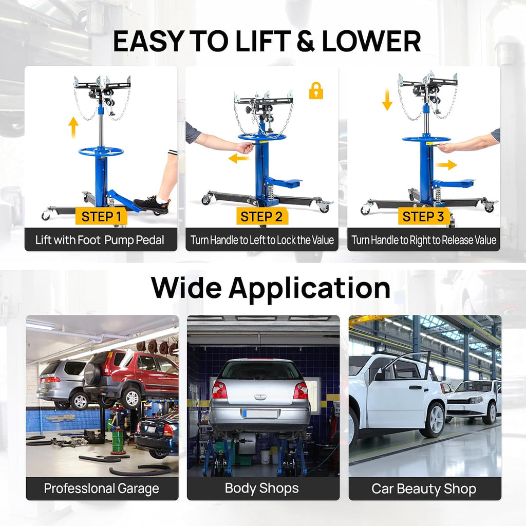 TUFFIOM Transmission Jack, 1100 lbs 1/2Ton Hydraulic 2-Stage High Lift Vertical Telescoping Floor Jack Stand, 34' to 68' Lifting Range, w/Pedal, 360° Swivel Wheels, Garage/Shop Lift Hoist, Blue