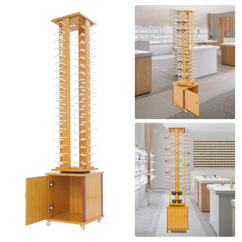 72-Pair Eyeglass Display Rack, Floor-Standing Rotating Glasses Storage Display Stand with Wood Frame, Storage Cabinet & Swivel Wheels for Retail Eyewear Organization