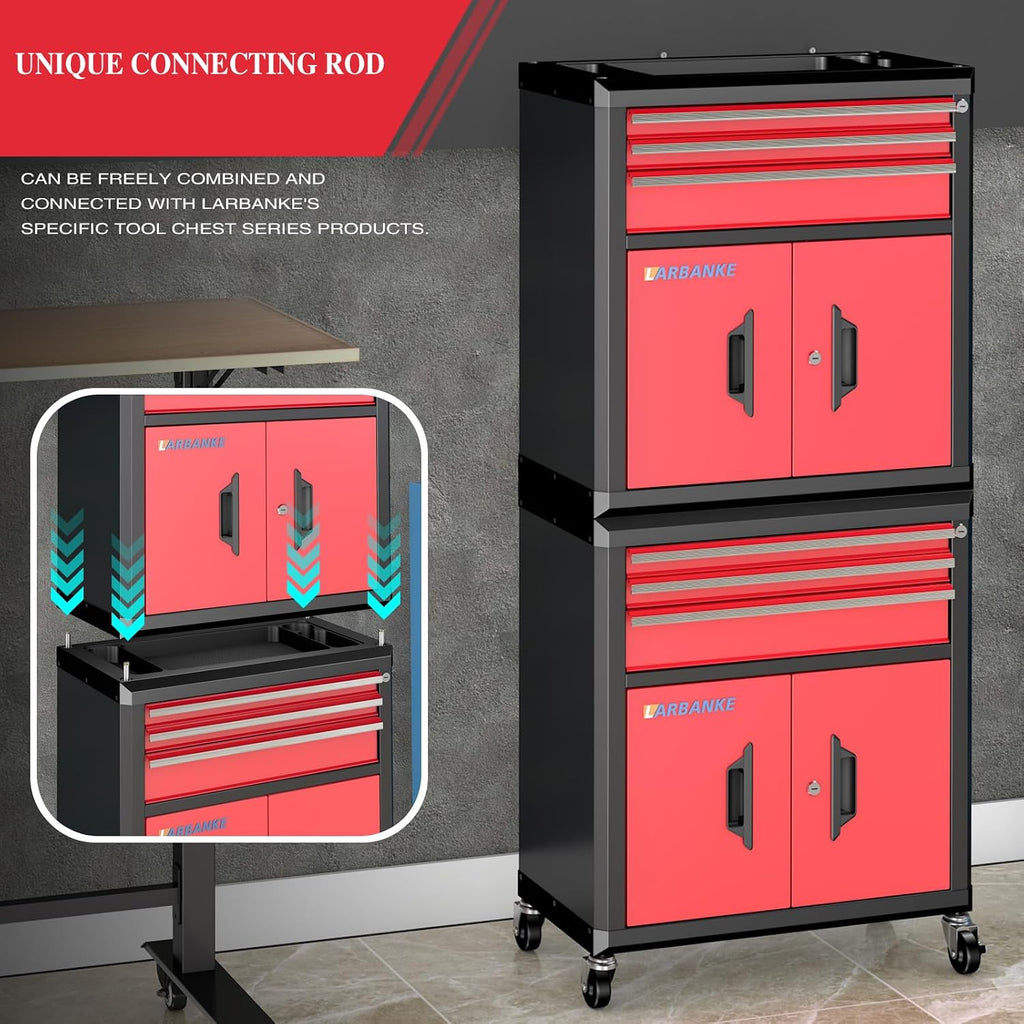 LARBANKE Rolling Tool Chest with 3 Drawers&2 Doors,Tool Chest with 360° Swivel Wheels and Lock&Keys,Tool Cabinet with Drawer Liners and Connecting Rods for Stacking with Other Drawer Chest