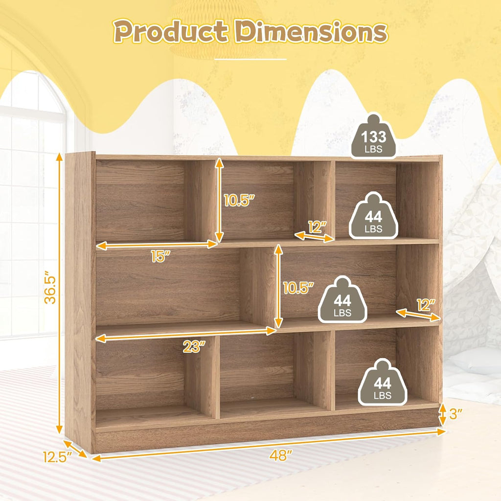 Costzon 3-Shelf Bookcase for Kids, Wooden Toy Storage Organizer for Books Toys, 8-Section Freestanding Classroom Daycare Montessori Bookshelf for Preschool, Home Playroom & Kindergarten (Natural)