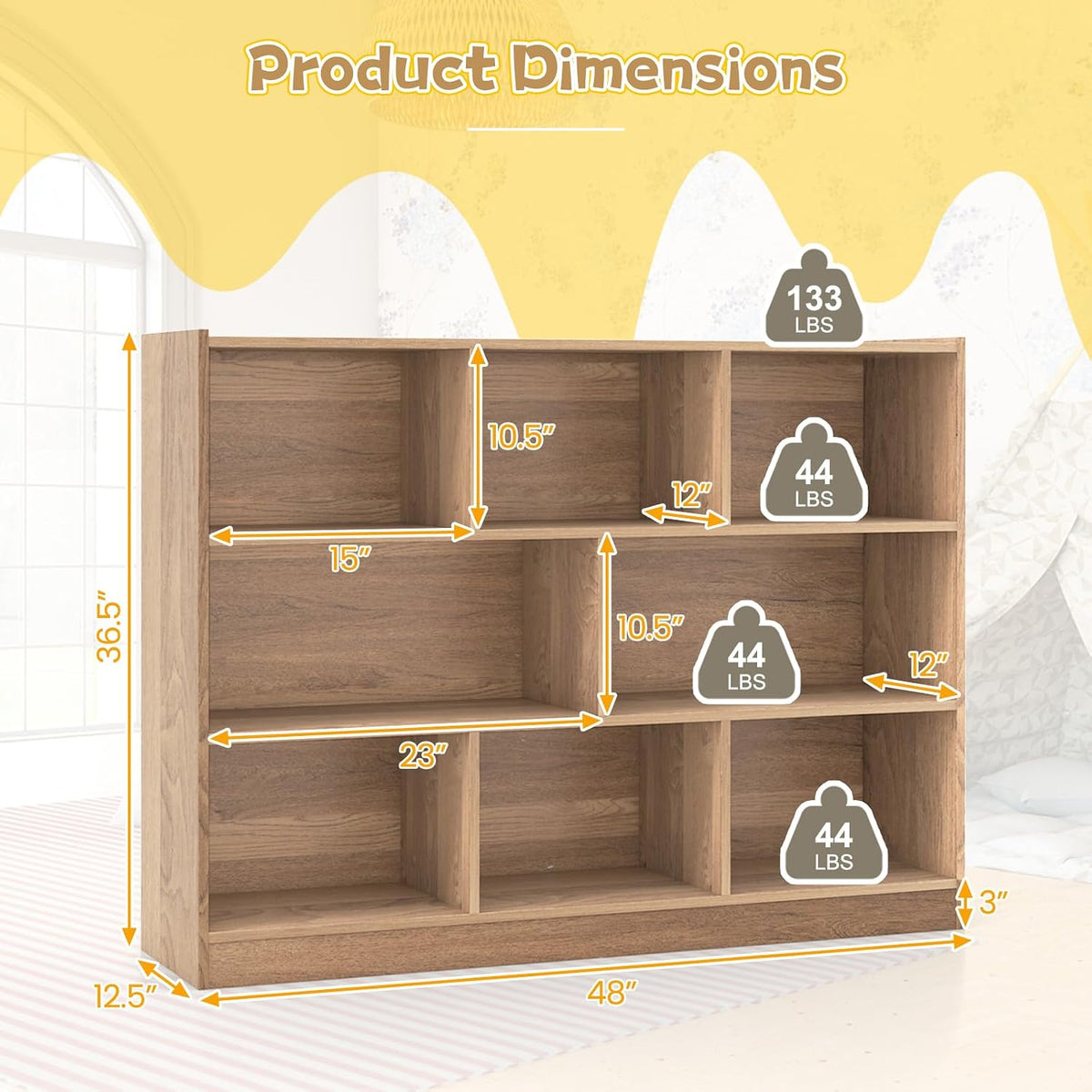 Costzon 3-Shelf Bookcase for Kids, Wooden Toy Storage Organizer for Books Toys, 8-Section Freestanding Classroom Daycare Montessori Bookshelf for Preschool, Home Playroom & Kindergarten (Natural)