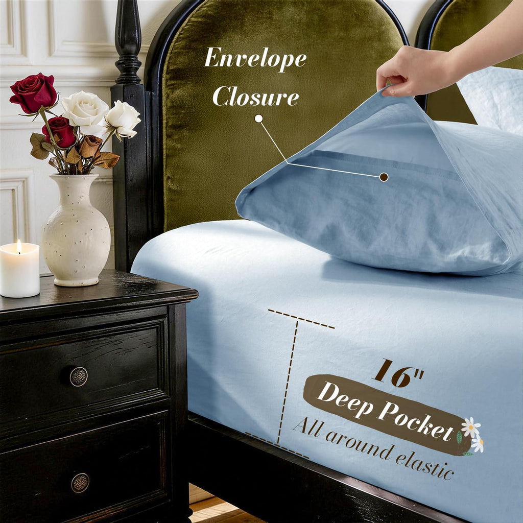 SONORO KATE 100% French Pure Linen Sheets, Breathable and Durable Linen King Size Sheets, Anti-Tear Linen Bed Sheets, Machine Washable, 16 Inch Deep Pocket - 4 Piece (Dusty Blue, King)