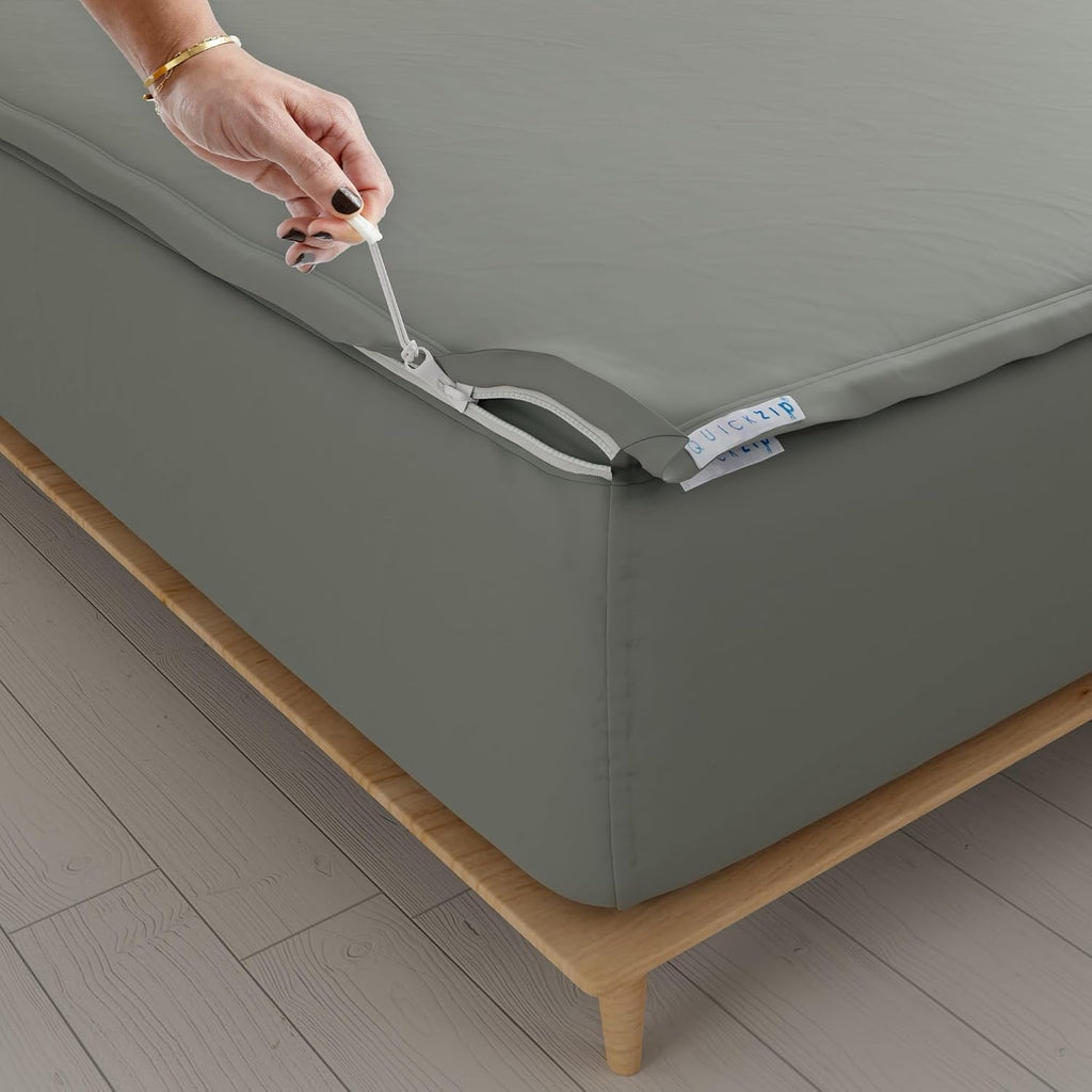 QuickZip Fitted Plus Spare Bundle: 1 Fitted Sheet (Base + Zip Sheet) & 1 Zip Sheet - Easy to Change, Won't Pop Off - Soft Sateen 400 TC 100% Cotton - 15' Deep Pockets RV King Size – Slate Gray