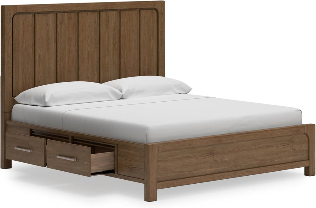 Signature Design by Ashley Cabalynn Modern 4-Drawer King Platform Bed with Storage, Foundation or Box Spring Not Needed, Light Brown