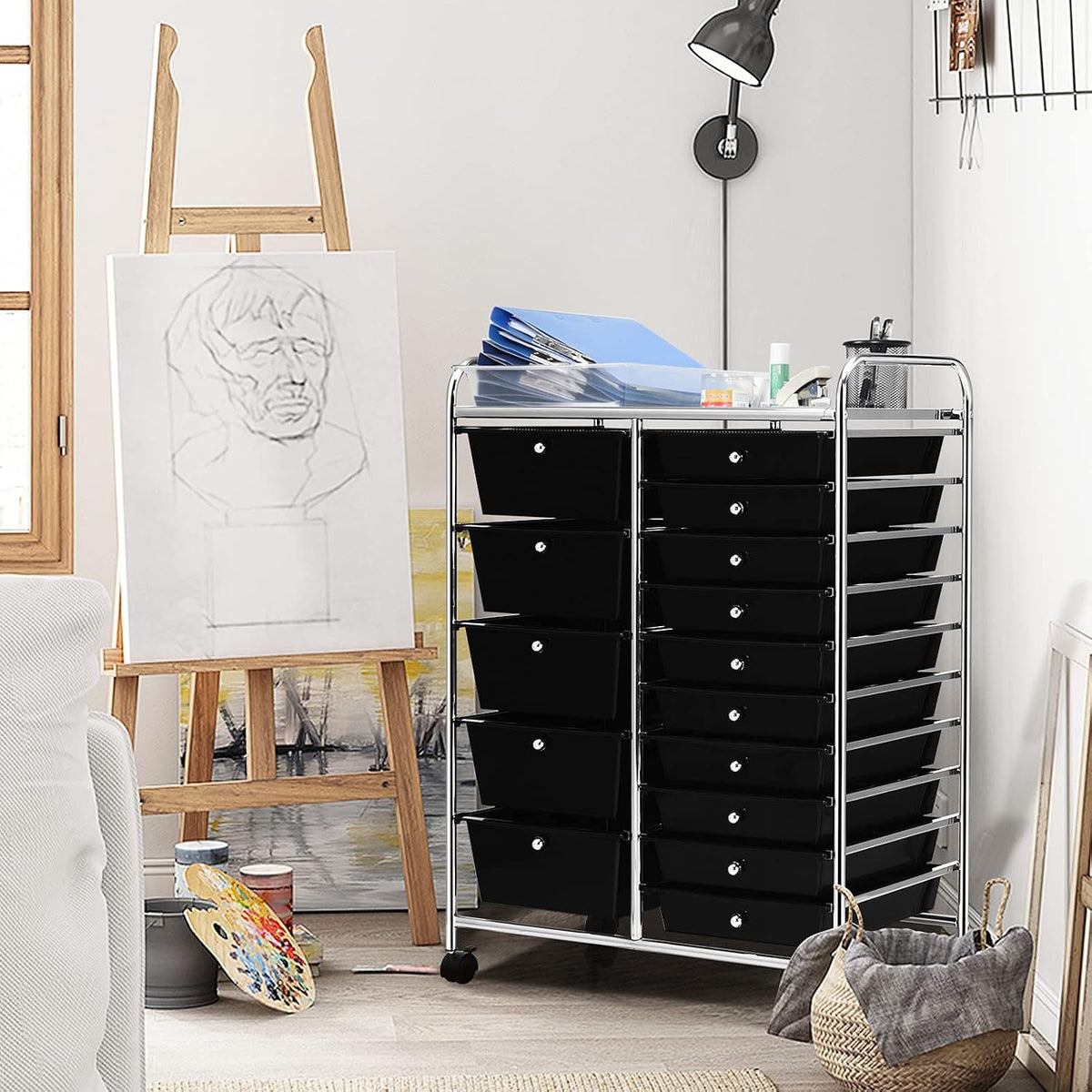 LUARANE Rolling Cart with 15 Drawers, Craft Storage Cart with Portable Handles & Lockable Wheels, Mobile Toys Organizer, Large Capacity Utility Drawer Cart Home Office School Teacher (Black)