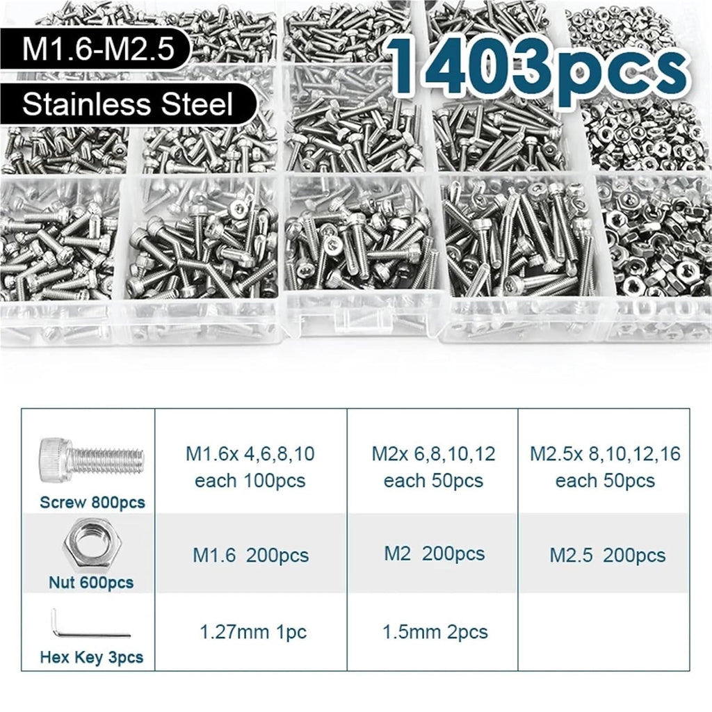 Set Screw Assortment Kit 1403/736pcs Hex Socket Cap Head Screw Bolt Nut Set M2 M4 M5 M6 Bolts Assortment Kit for Homeowners,DIYers,Mechanics,Industrial Workers(1403pcs Set)