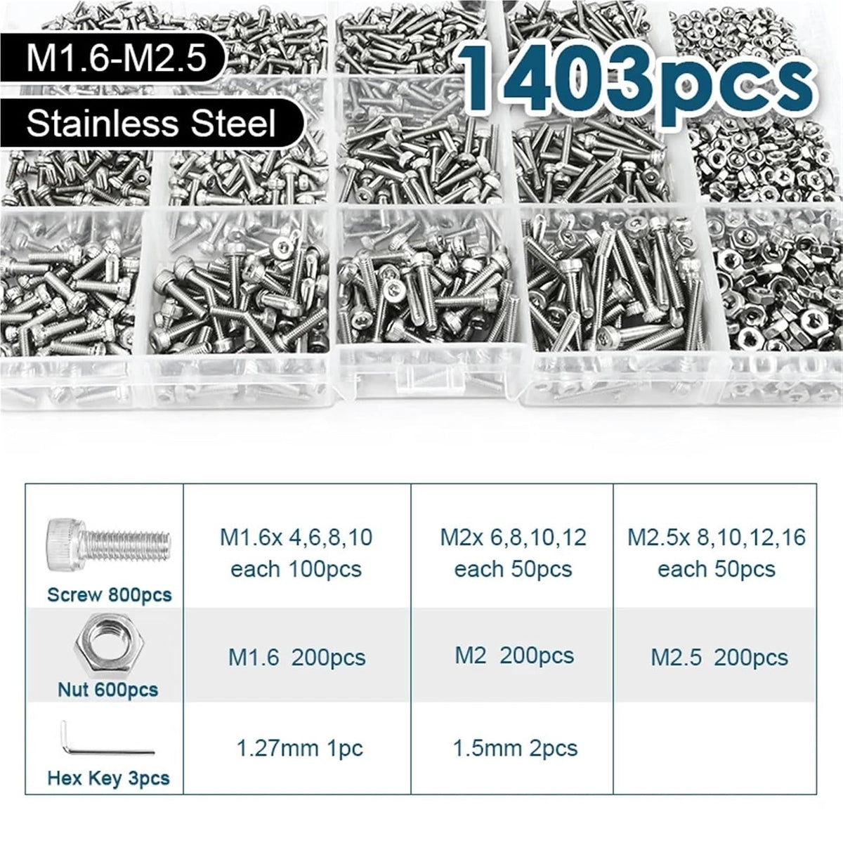 Nut & Bolt Sets 1403/736pcs Hex Socket Cap Head Screw Bolt Nut Set M2 M4 M5 M6 Stainless Steel Hexagonal Allen Bolts Assortment Kit(1403pcs Set)