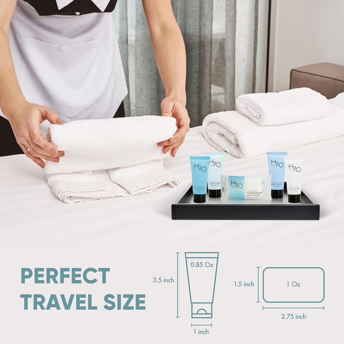 H2O Therapy Hotel Soaps & Toiletries Bulk Set | 1-Shoppe Amenities Kit | 0.85oz Shampoo & Conditioner, Body Wash, Lotion, 1oz Bar Soap | Travel Size | 300 Pieces