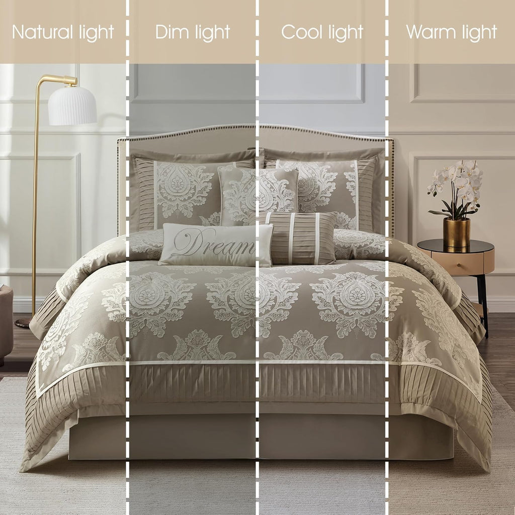 Grand Avenue Beige Comforter Set King Size, Jacquard with Matching Solid Piecework Bedding Set, All Season, Bedskirt, Pillows & Shams