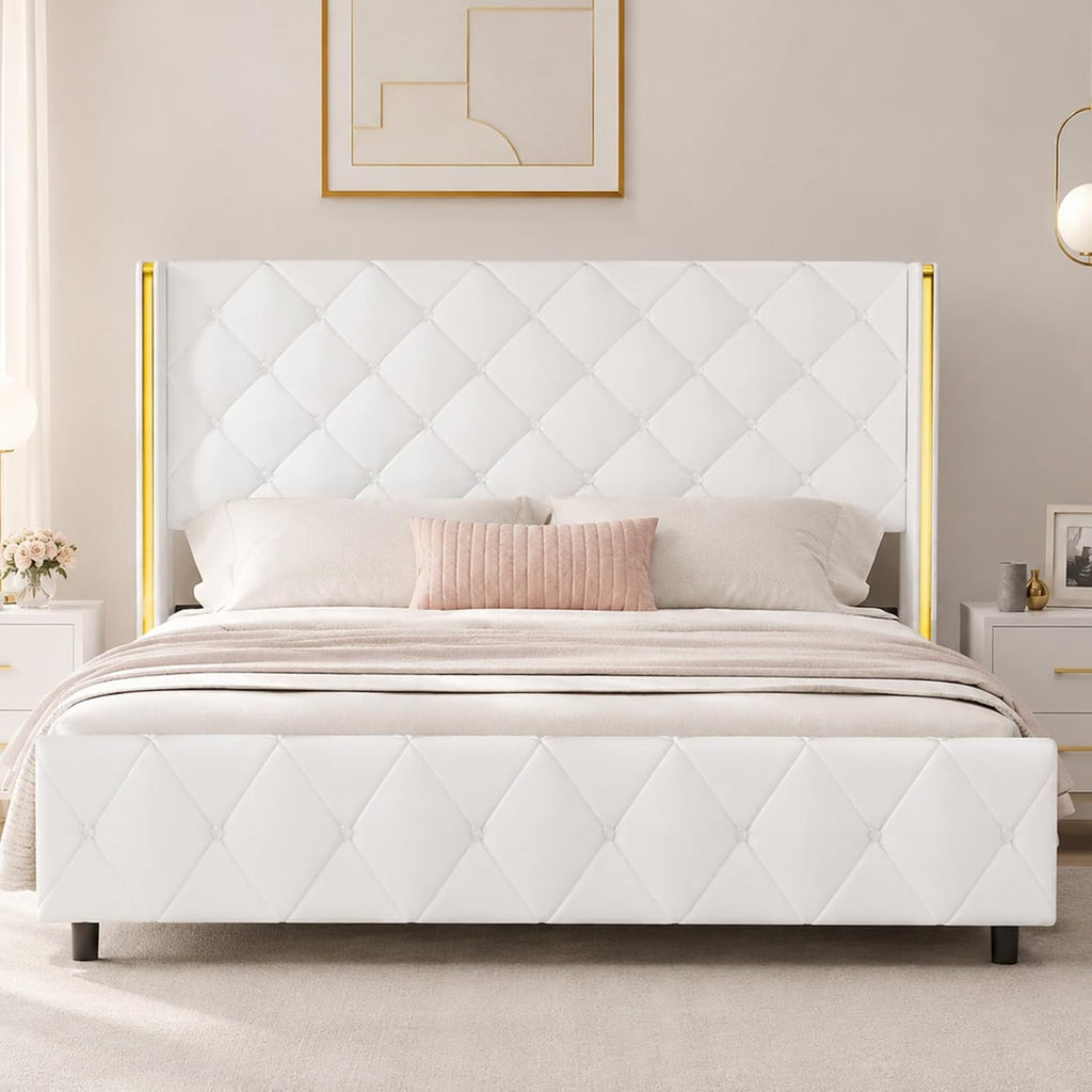 Queen Bed Frame with Headboard, Upholstered Bed Frame Queen Size with Diamond Tufted Wingback Headboard, Faux Leather, 800lbs Heavy Duty Support, Gold Metal Edge Accents, No Box Spring Needed, White