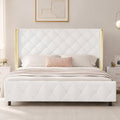 Queen Bed Frame with Headboard, Upholstered Bed Frame Queen Size with Diamond Tufted Wingback Headboard, Faux Leather, 800lbs Heavy Duty Support, Gold Metal Edge Accents, No Box Spring Needed, White