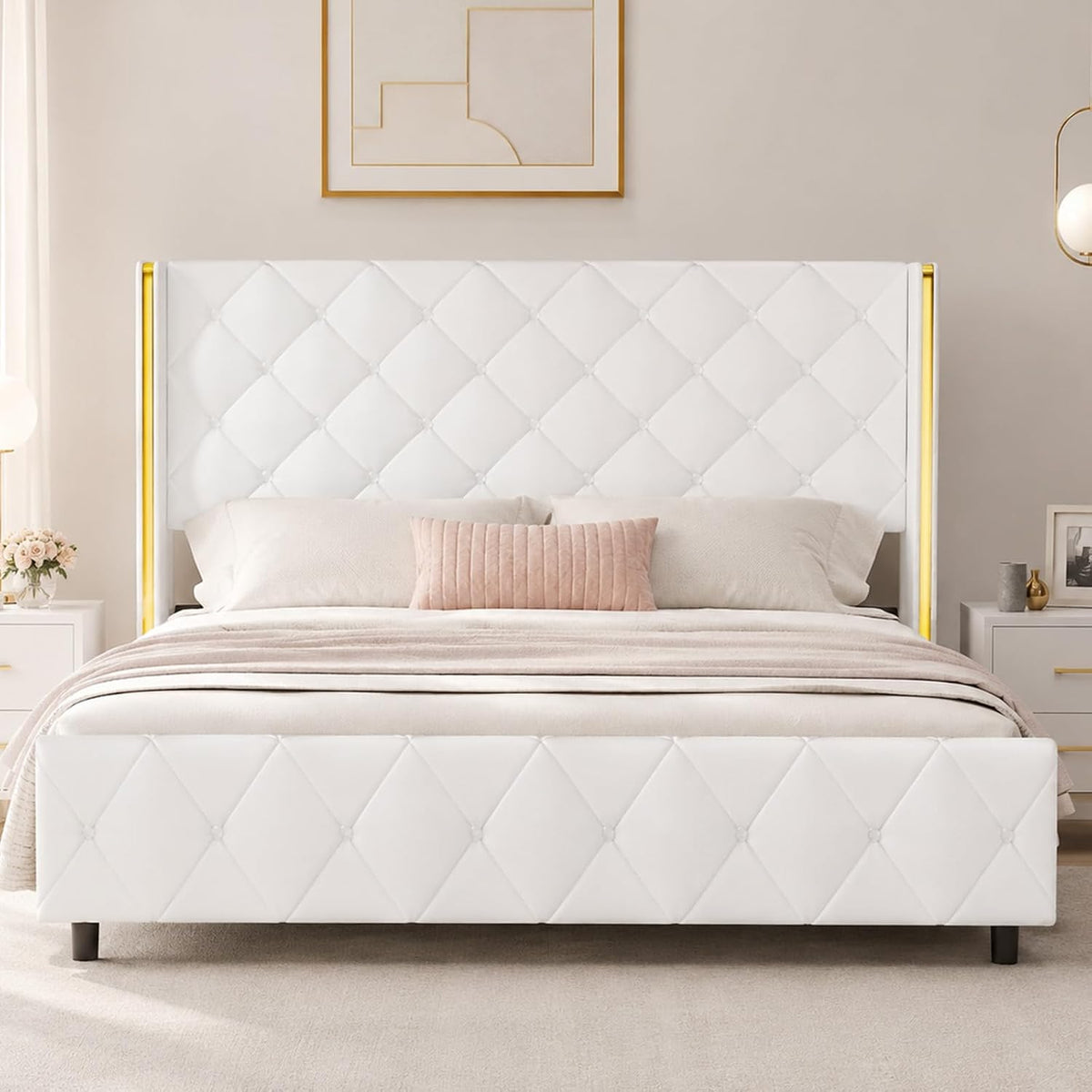 Queen Bed Frame with Headboard, Upholstered Bed Frame Queen Size with Diamond Tufted Wingback Headboard, Faux Leather, 800lbs Heavy Duty Support, Gold Metal Edge Accents, No Box Spring Needed, White