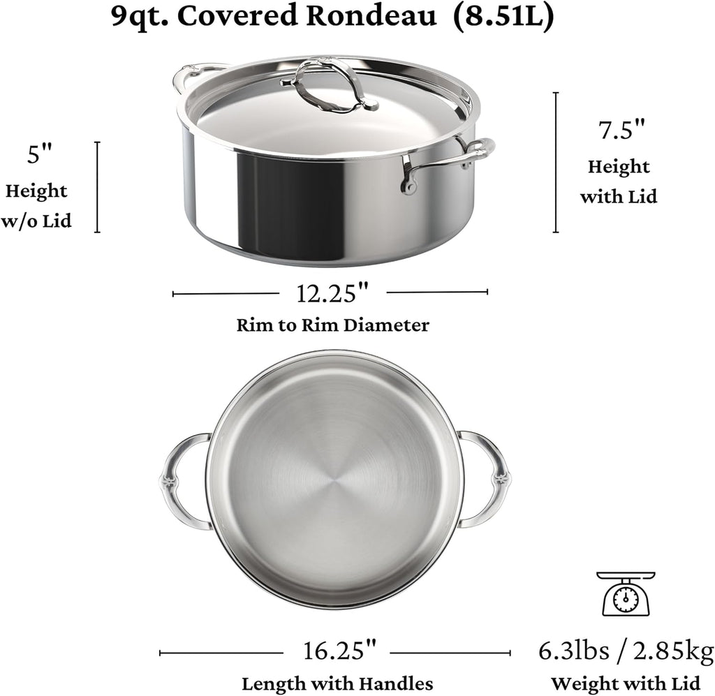 Hestan ProBond Luxe 9-Quart Polished Professional Clad Stainless Steel Rondeau with Lid