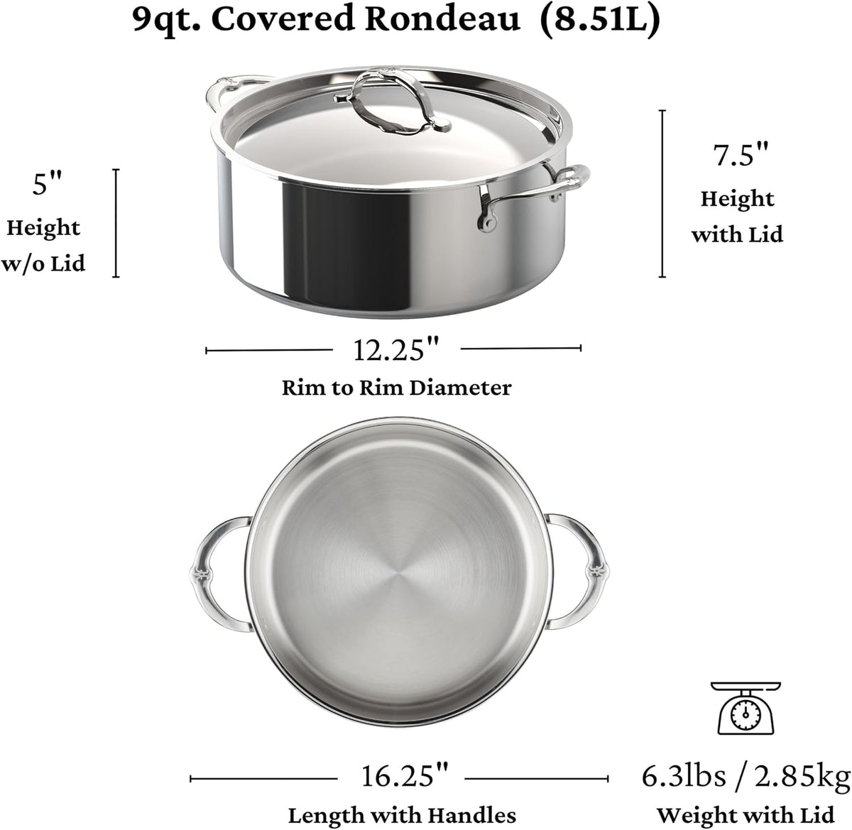 Hestan ProBond Luxe 9-Quart Polished Professional Clad Stainless Steel Rondeau with Lid