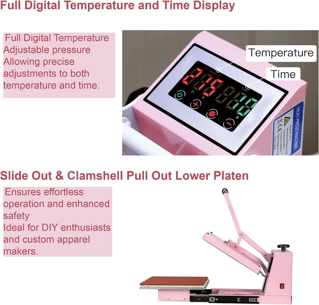 15' x 15' Semi-auto Heat Press Machine for T-Shirts, Auto Open & Slide-Out Base, Clamshell Style, Digital Sublimation Printer for Vinyl, DIY & Small Business (Pink, L15 * W15)