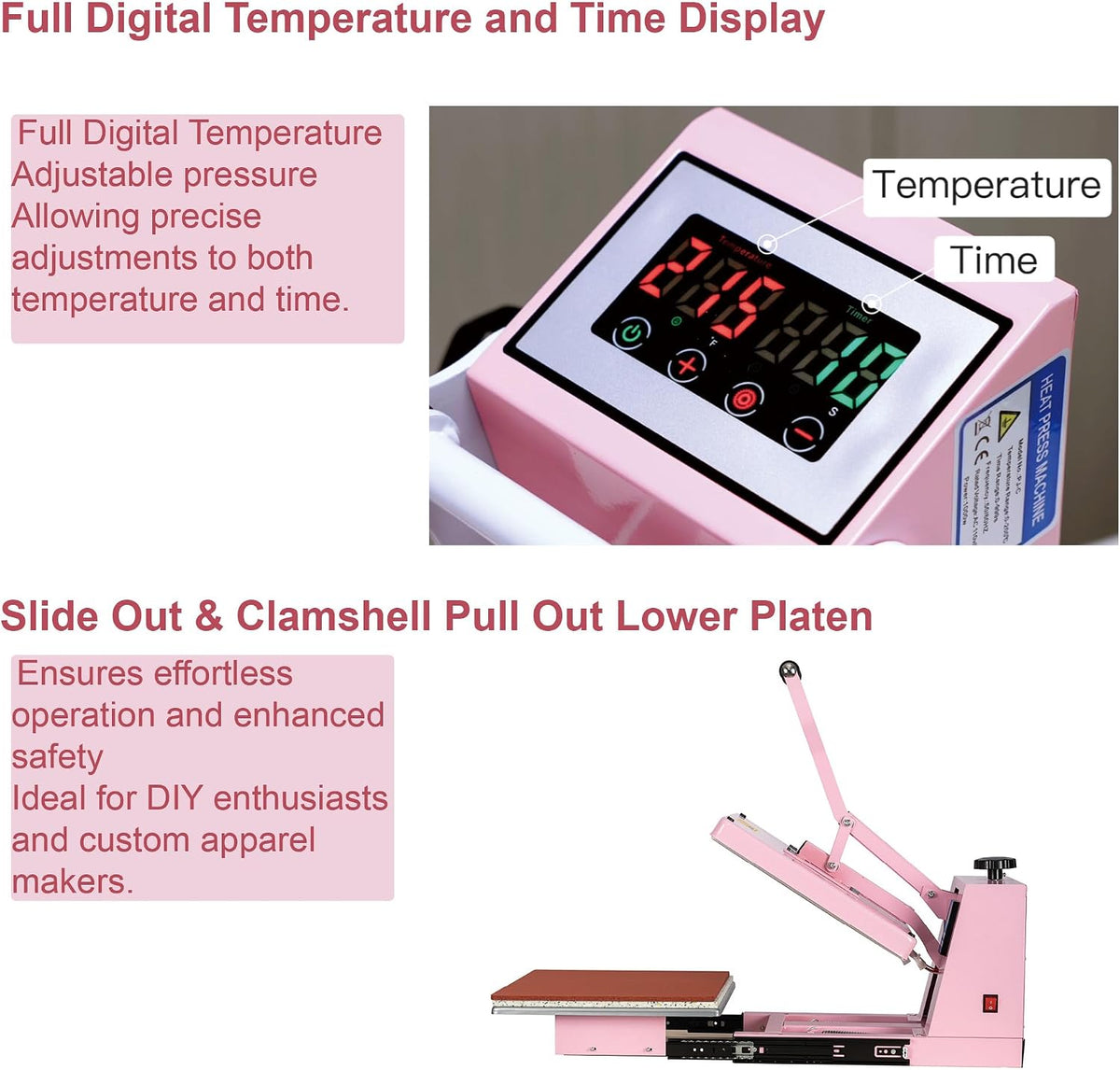 15' x 15' Semi-auto Heat Press Machine for T-Shirts, Auto Open & Slide-Out Base, Clamshell Style, Digital Sublimation Printer for Vinyl, DIY & Small Business (Pink, L15 * W15)