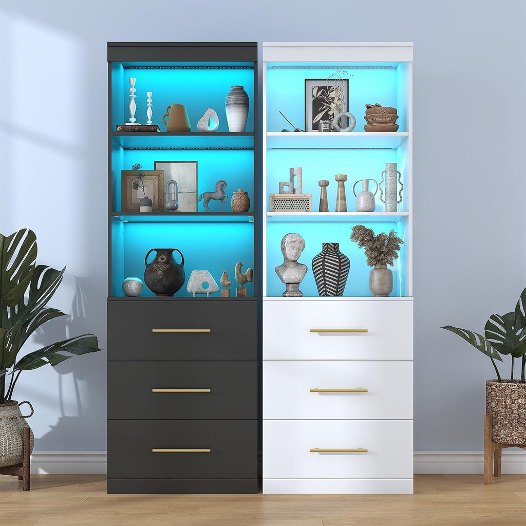 Winkalon 71'H Black Bookshelf with LED Light, Bookcase and Bookshelf with Drawers, Tall Bookcase Tall Storage Cabinet 3-Tier Open Shelves for Home Office Living Room Hallway, 15.8'D x 23.6'W x 70.9'H
