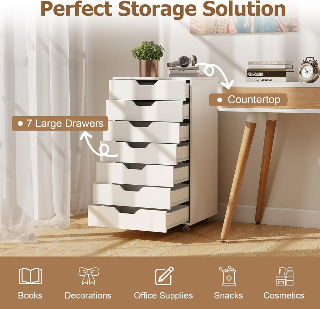 Giantex Drawers Cabinet Mobile Lateral Filing Organizer with 7 Drawers and Wheels Mobile Side Cabinet Chest for Home Office Storage Use 7-Drawer Dresser (19' x 16' x 34.5', White)