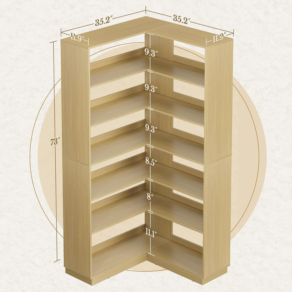Corner Book Shelf, 6 Tier 73 Inch Tall Corner Bookshelf with Open Storage, Wood L Shaped Bookcase Storage Display Rack for Home Office, Light Walnut