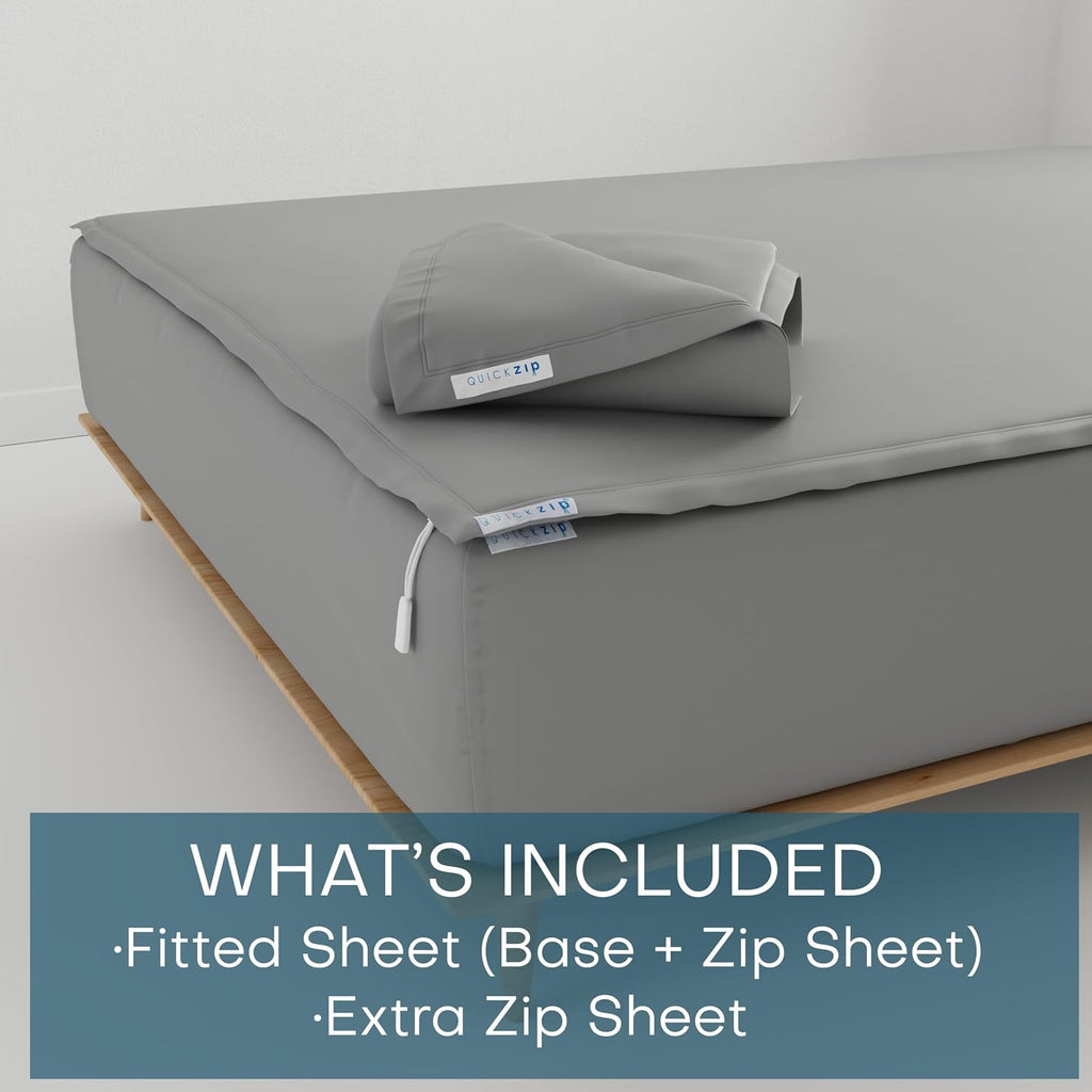QuickZip Fitted Plus Spare Bundle: 1 Fitted Sheet (Base + Zip Sheet) & 1 Zip Sheet - Easy to Change, Won't Pop Off - Soft Sateen 400 TC 100% Cotton - 16' Deep Pockets Queen Size Sheets – Slate Gray