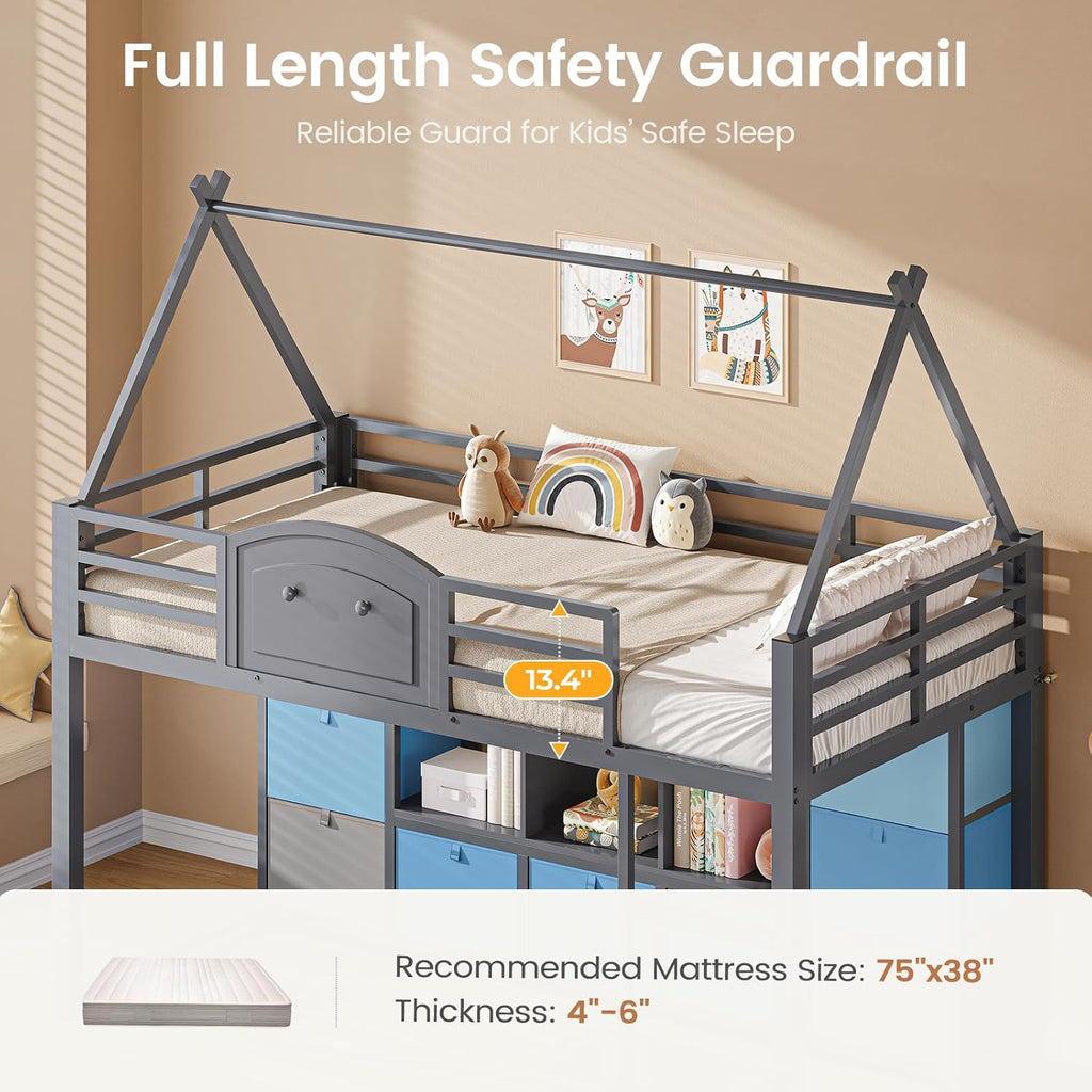 VIAGDO Twin Size Low Loft Bed with 9 Storage Drawers, Bookcase and LED Lights, House-Shaped Metal Twin Loft Bed with Step Stool and Safety Guardrail, Kids Loft Bed with Under-Bed Play Space, Grey