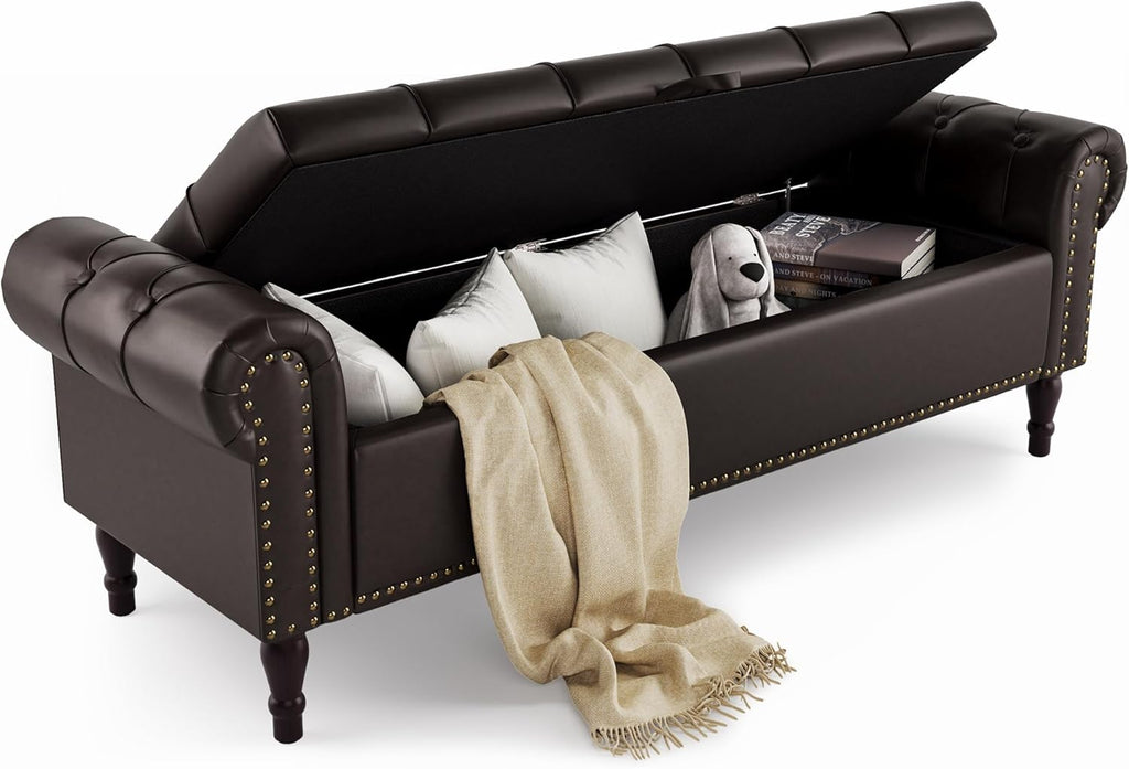 Cozyman Storage Bench Ottoman, 61' Faux Leather Rolled Arm Bedroom End of Bed Bench, Window Bench with Button Tufted and Nailhead Trim for Foot of Bed Bench, Bedroom, Entryway, King Size, Dark Brown