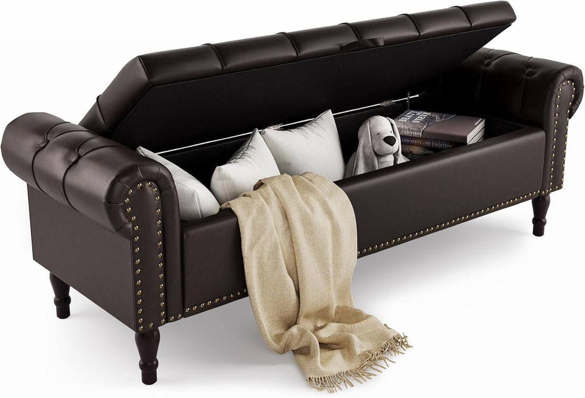 Cozyman Storage Bench Ottoman, 61' Faux Leather Rolled Arm Bedroom End of Bed Bench, Window Bench with Button Tufted and Nailhead Trim for Foot of Bed Bench, Bedroom, Entryway, King Size, Dark Brown