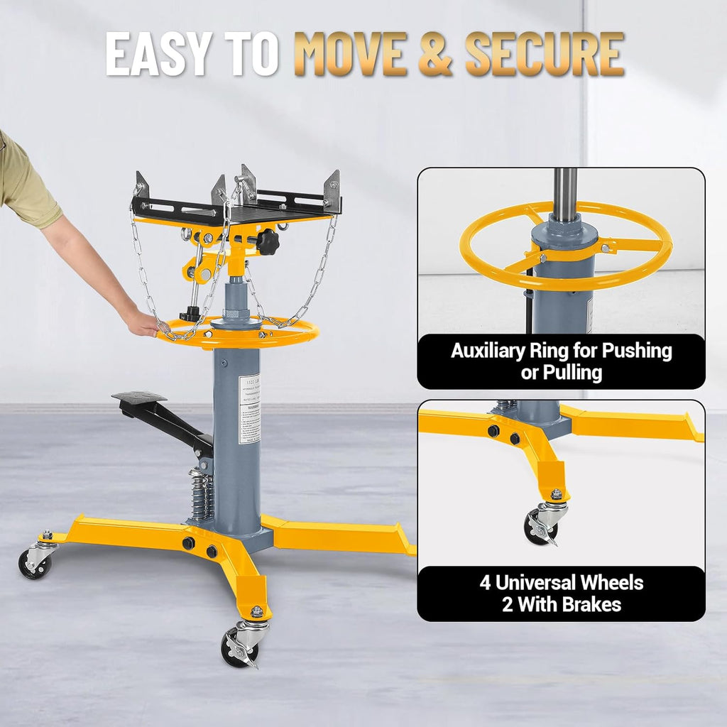 1322Lb Heavy Duty Transmission Jack, 33.5'-69' High Lift Hydraulic Telescoping Transmission Jack, 2-Stage Telescopic Transmission Stand with Foot Pedal & 360° Swivel Wheel, Yellow