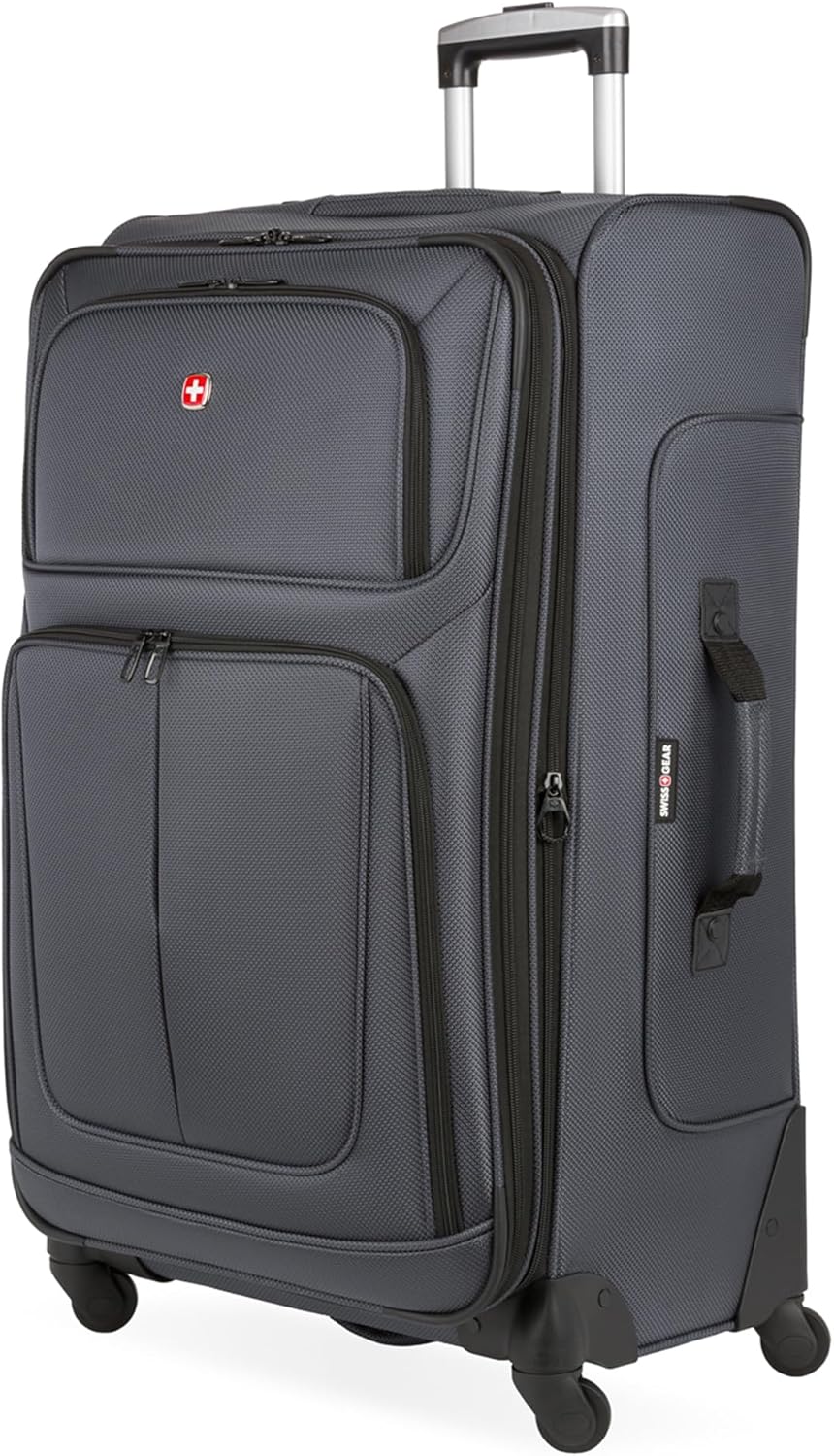 SWISSGEAR Sion Softside Expandable Spinner Luggage Durable Lightweight Travel Suitcase, Dark Grey, Checked-Large
