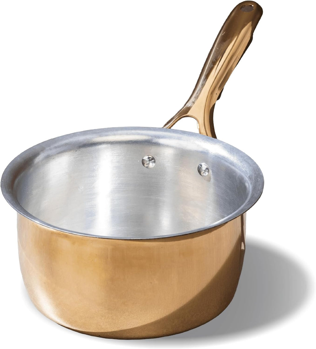P•TAL Brass Saucepan 1.2 Qts with Insulated Heat-Resistant Handle | Tin Coated, Chemical-Free and Non-Stick Tea Pan (Free 30ml Copper & Brass Cleaning Solution)