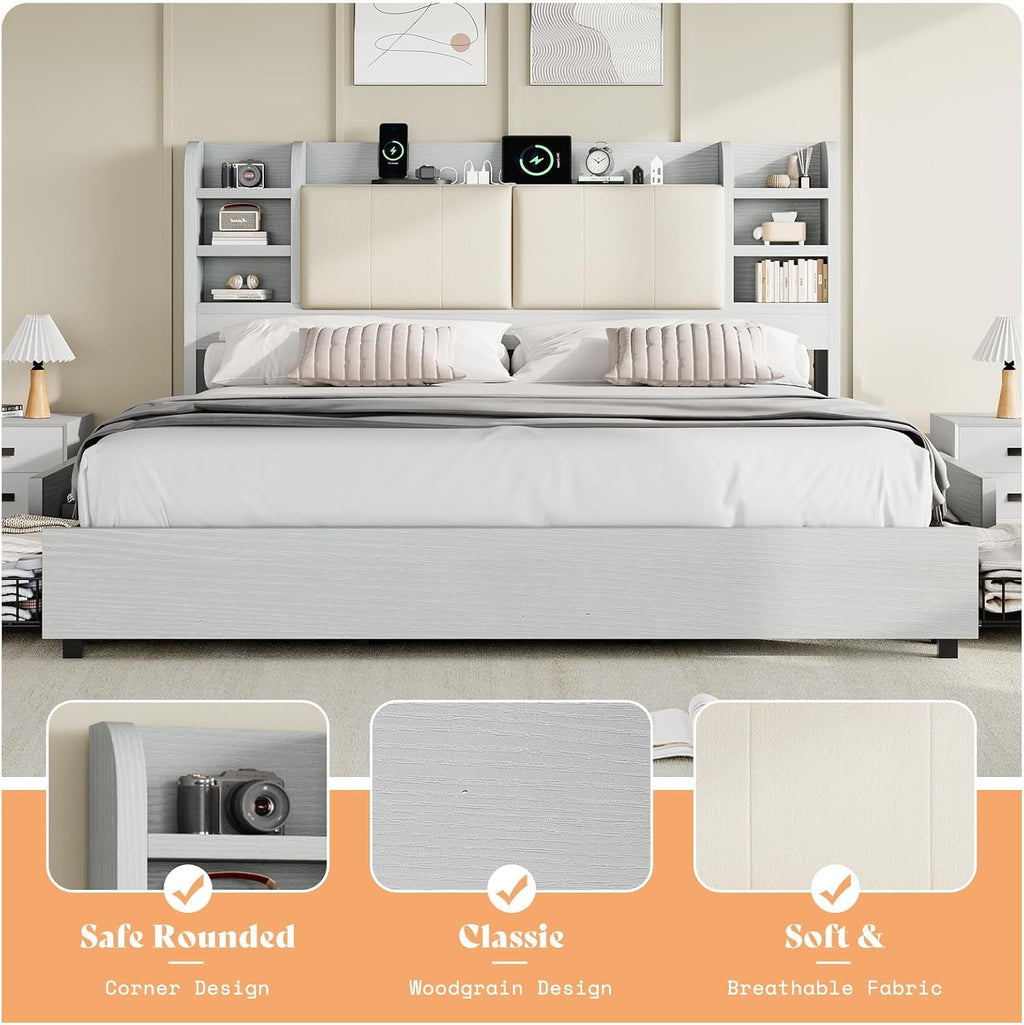 AMERLIFE King Size Bed Frame with Charging Station, 4 Drawers & Hidden Storage, Upholstered Cushion Backrest, Wooden Platform Bed with Bookcase Headboard, Heavy Duty Metal Frame, Light Grey