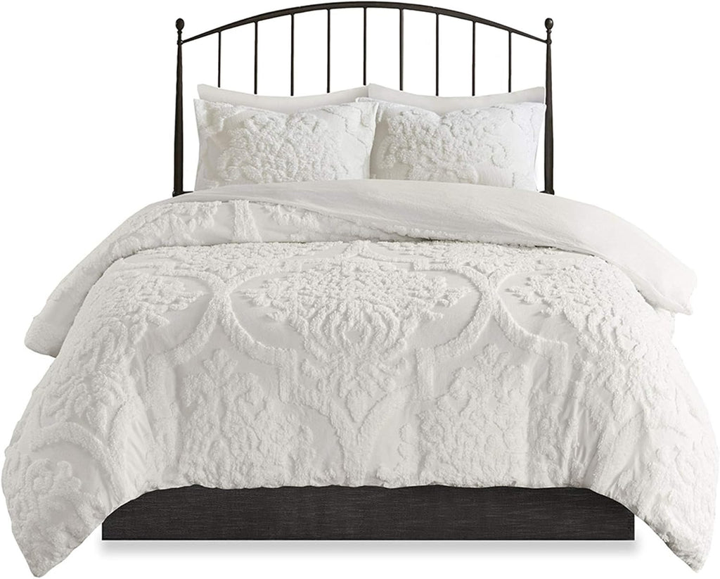 Madison Park Tufted Chenille Cotton Comforter, All Season Bedding Set, Matching Shams, Viola, Damask Off White Full/Queen(90'x90') 3 Piece