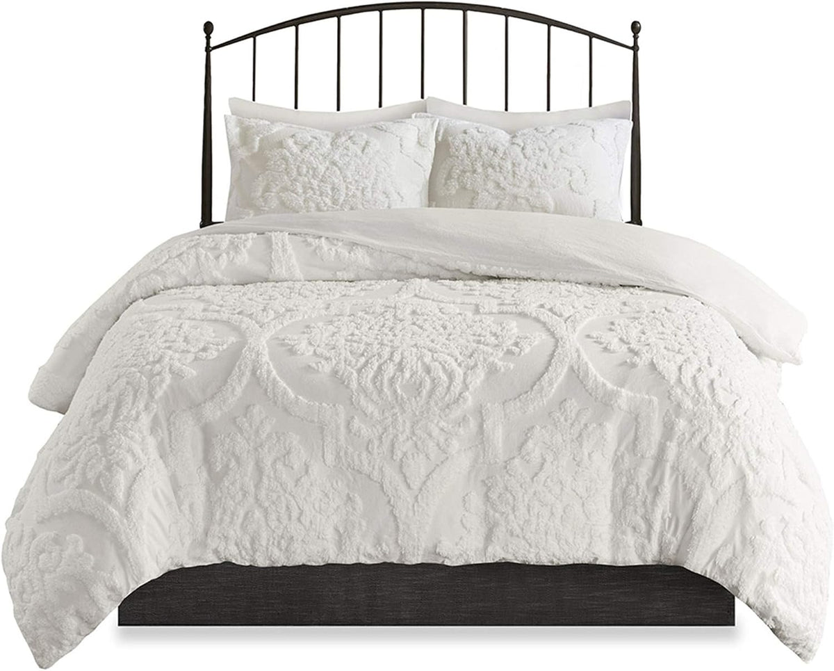 Madison Park Tufted Chenille Cotton Comforter, All Season Bedding Set, Matching Shams, Viola, Damask Off White Full/Queen(90'x90') 3 Piece