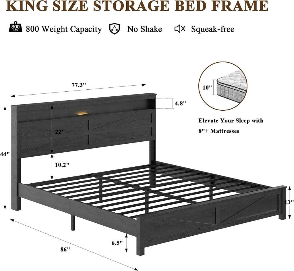 Farmhouse King Size Bed Frame with Headboard Storage Shelf, Wood Platform Bed Frame with LED Lights & Charging Station, Rustic Black Metal Bed, No Box Spring Needed, Noise-Free Sturdy Structure