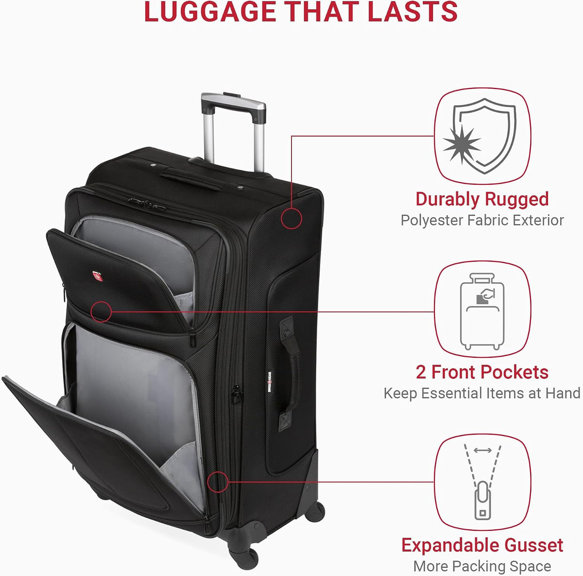 SWISSGEAR Sion Softside Expandable Spinner Luggage Durable Lightweight Travel Suitcase, Black, Checked-Large