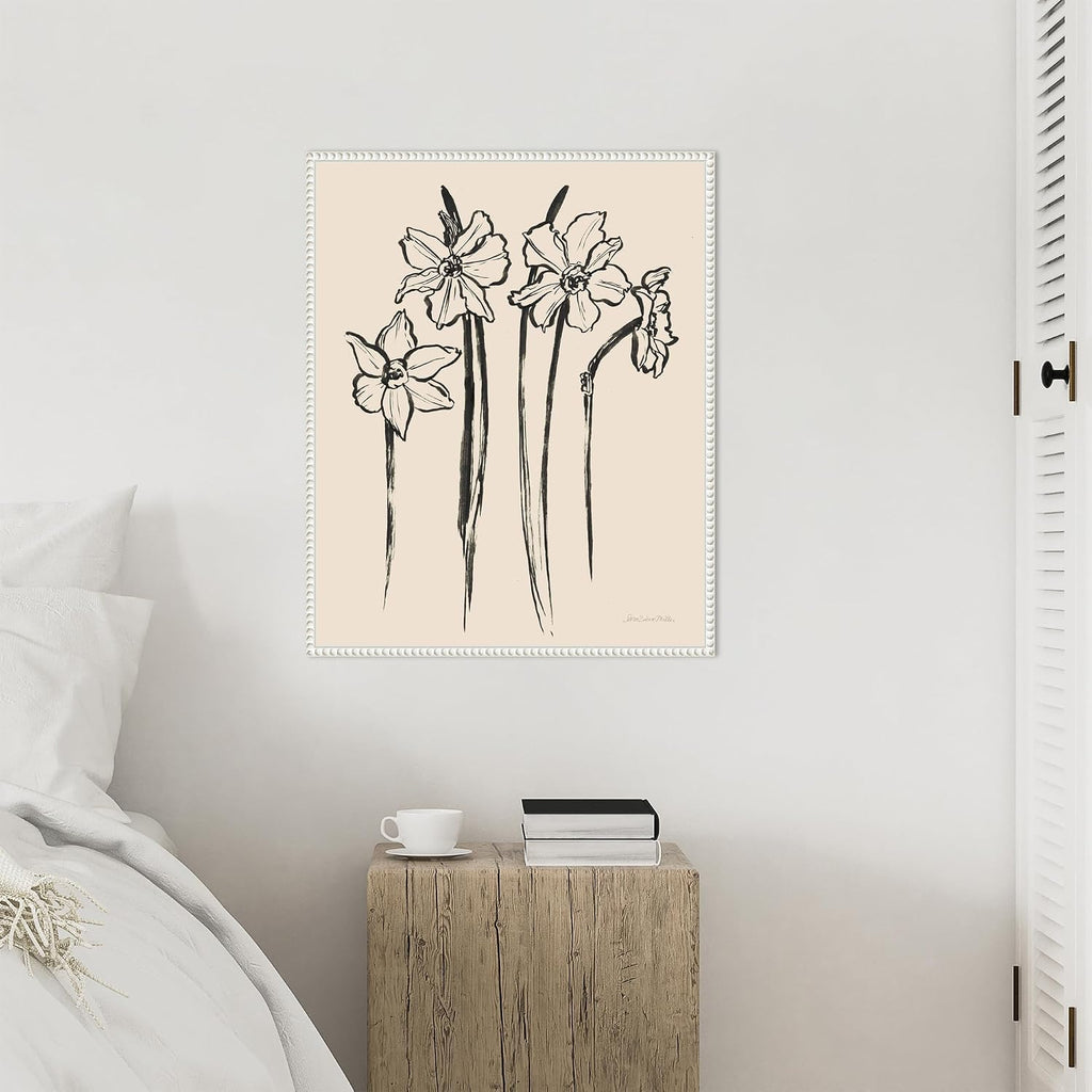 Amanti Art Framed Canvas Wall Art 28x23 Ink Sketch Daffodils by Sara Zieve Miller, Framed Wall Art Canvas, Flowers Artwork, Traditional Decor, Medium Poster Painting for Living Room, Bedroom,
