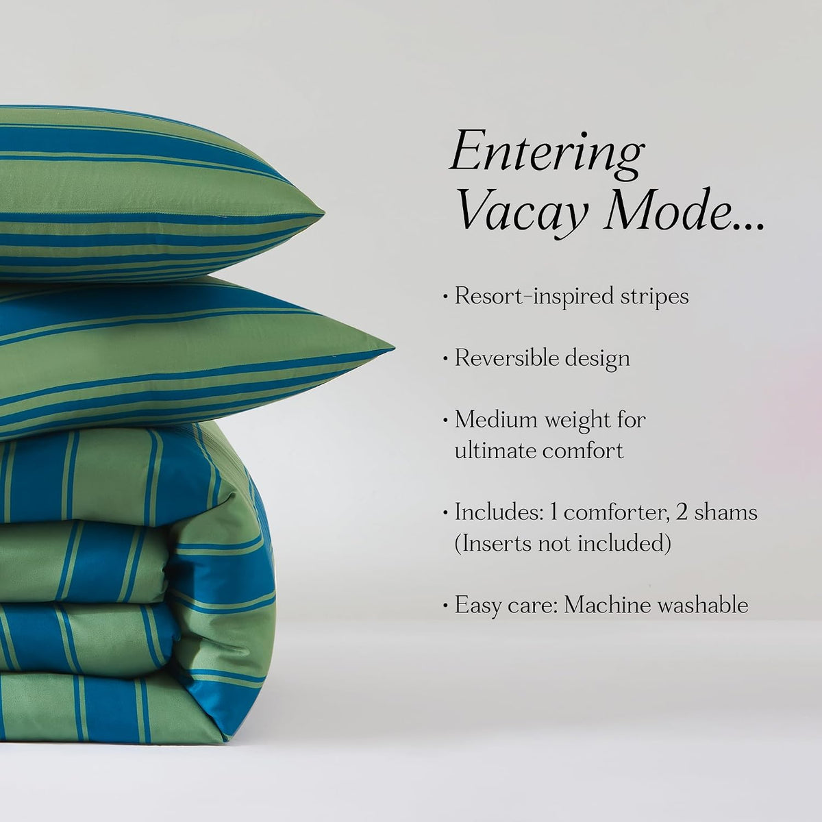 Lush Decor Gale Cabana Stripe? Reversible Comforter 3 Piece Set Full/Queen Blue & Sage - Striped Bedding Set - Green Comforter - Modern Coastal Decor