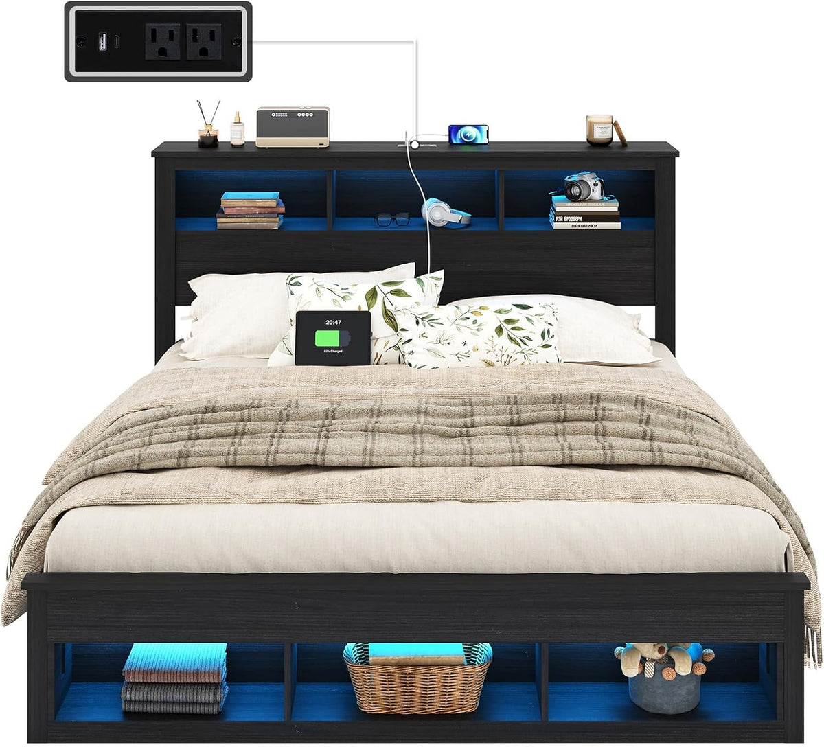 Albott Farmhouse Queen Size Bed Frame with Storage/Bookcase Headboard & Footboard, Wood Platform Bed with LED Lights/Charging Station, Heavy-Duty Metal Support/No Box Spring Needed/Noise-Free, Black
