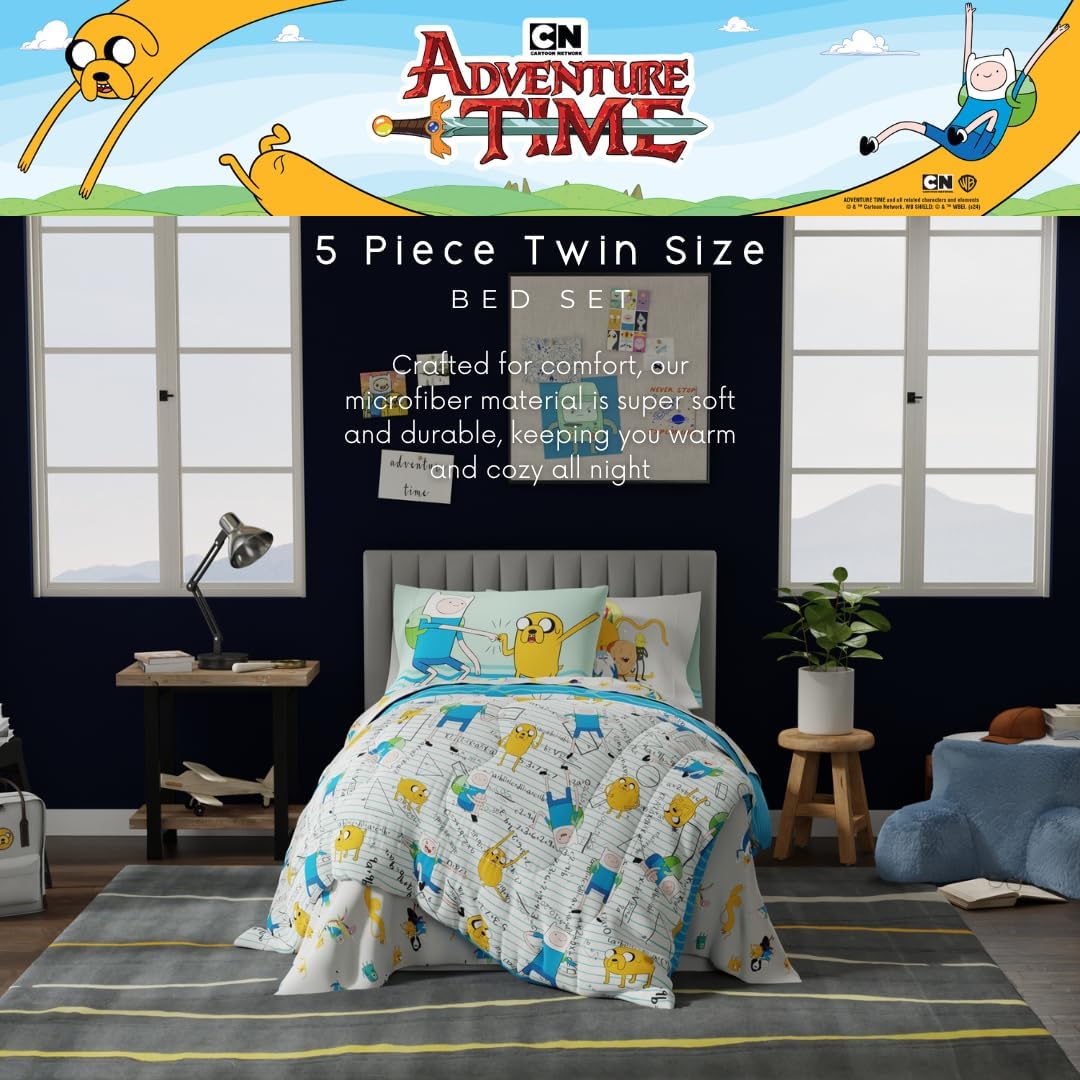 Adventure Time Finn & Jake 5 Piece Super Soft Cozy Reversible Comforter and Sheet Set with Sham, Twin, (Officially Licensed Product) By Franco