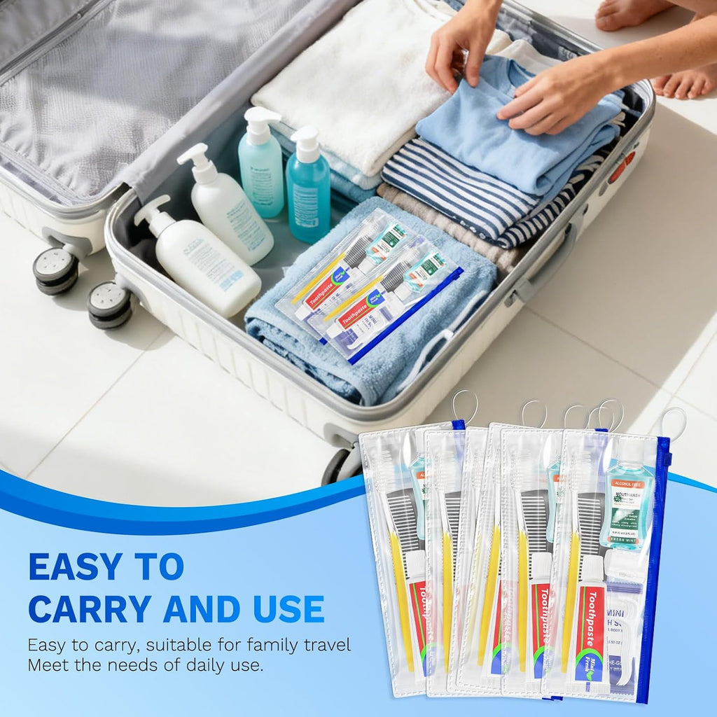 Personal Hygiene Kit Bulk Pack of 100,Yellow Basic Travel Toiletry Set Disposable Toothbrushes with Toothpaste Mouthwash Floss Comb Cover and Zip Bag for Homeless,Charity,Guests