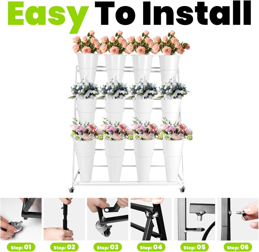 Flower Display Stand with 12 Buckets, 3 Layer Plant Stand with Wheels, Movable Plant Display Stand, Heavy Duty Moving Plant Cart Shelf for Indoor Outdoor