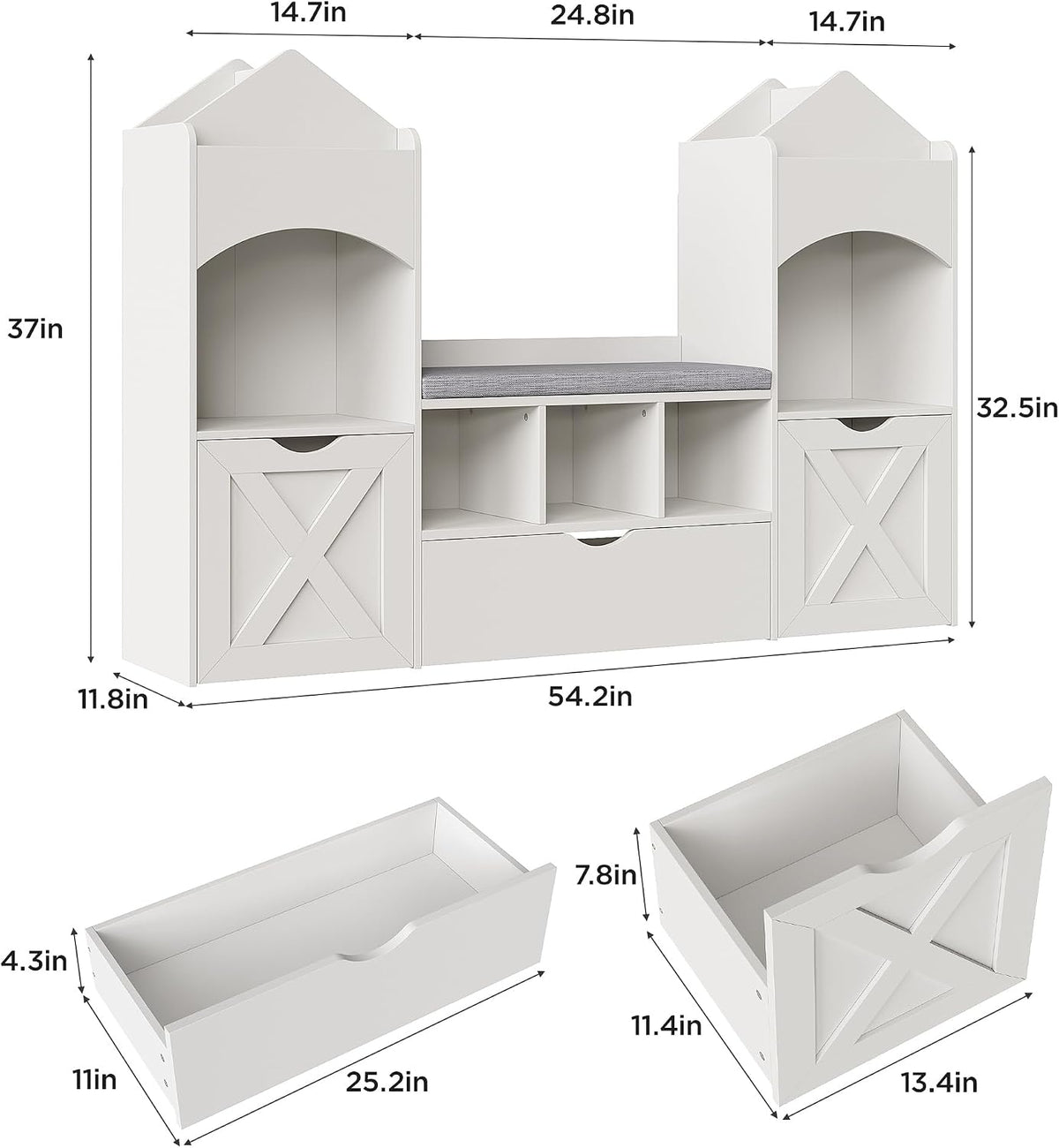 Vabches 54.3'' Kids Bookshelf with Reading Nook, Toy Storage Organizer with Seat Cushion, LED Lights and 3 Movable Drawers, Castle-Shaped Bookcase with Bench for Playroom, Nursery, Bedroom (White)