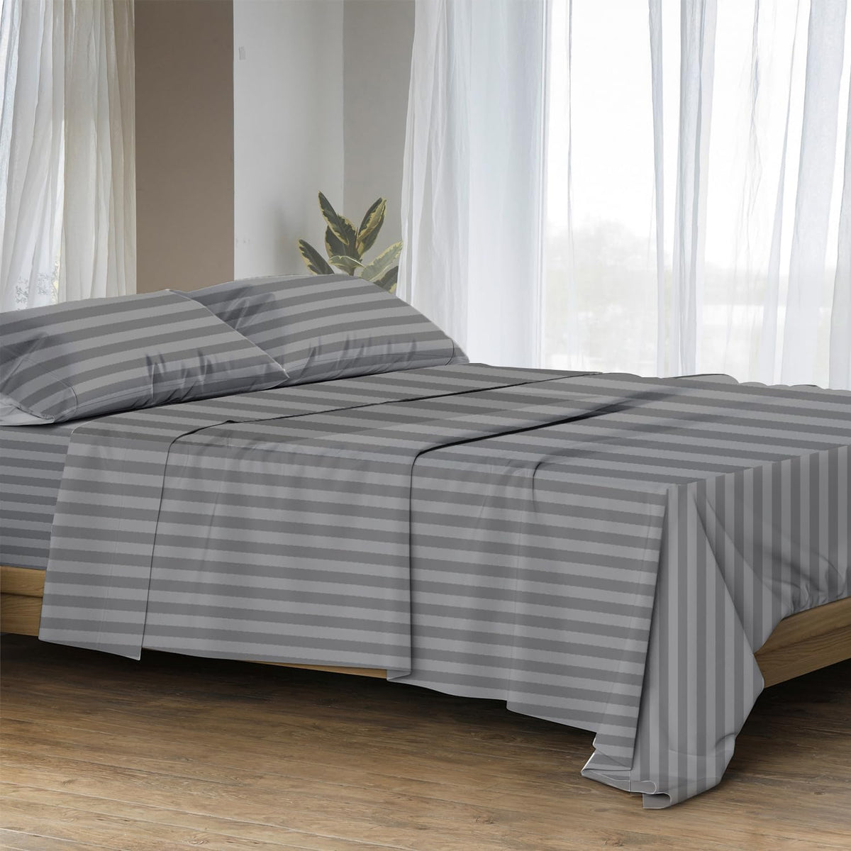 100% Egyptian Cotton Sheet Set Queen Size - Luxury 1500 Series Prestige Collection Damask Queen Sheet Set (4 PC, Dark Grey Stripe), Soft Cooling, Sateen Weave Sheets, 17' Deep Pocket